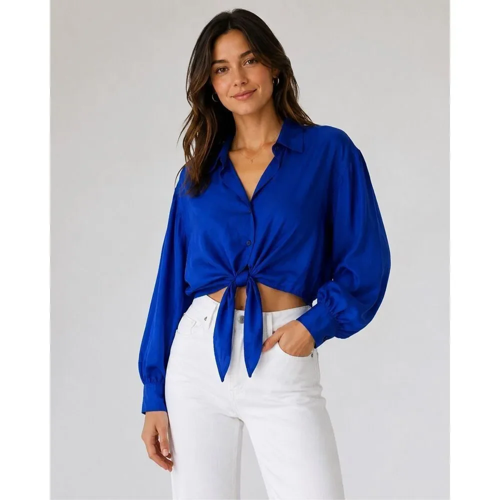Brannan Street 100% Silk Tie Front Blouse Cobalt Blue Women’s Medium